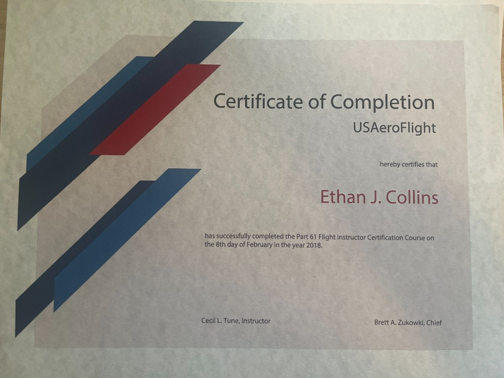 USAeroFlight Part 61 Flight Instructor Certification Course certificate, 8 February 2018