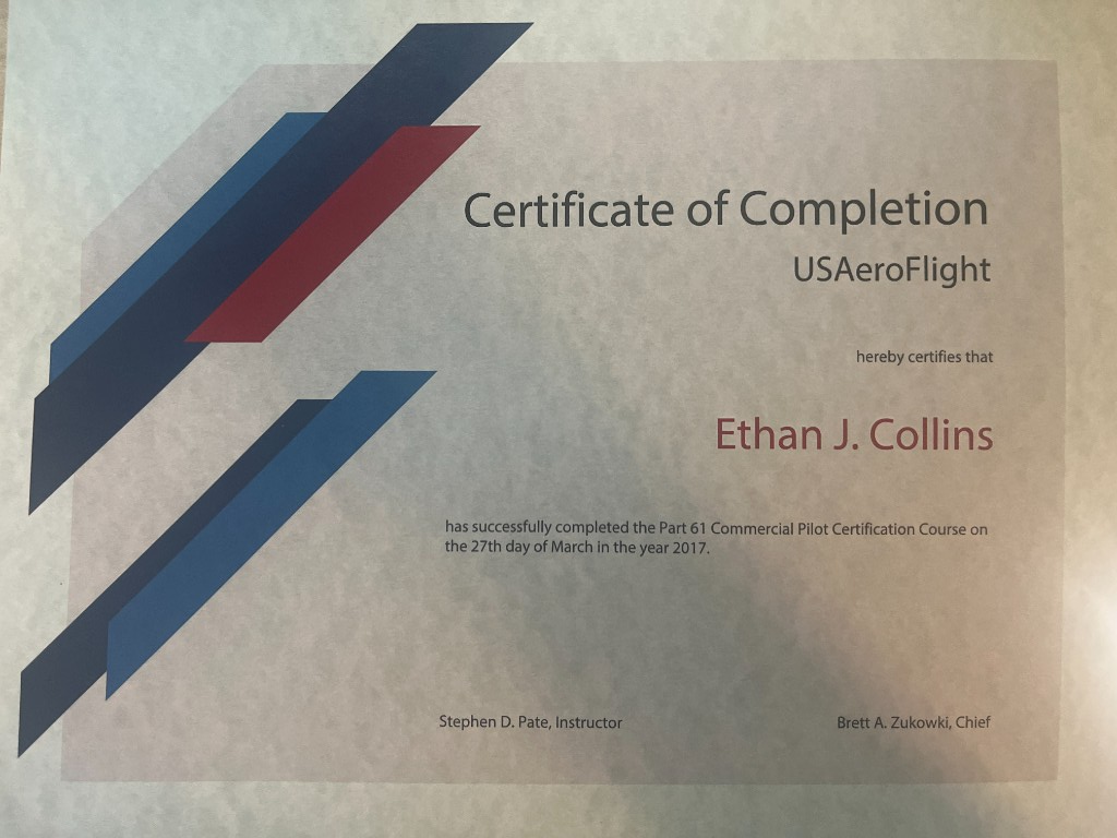 USAeroFlight Part 61 Commercial Pilot Certification Course certificate, 27 March 2017