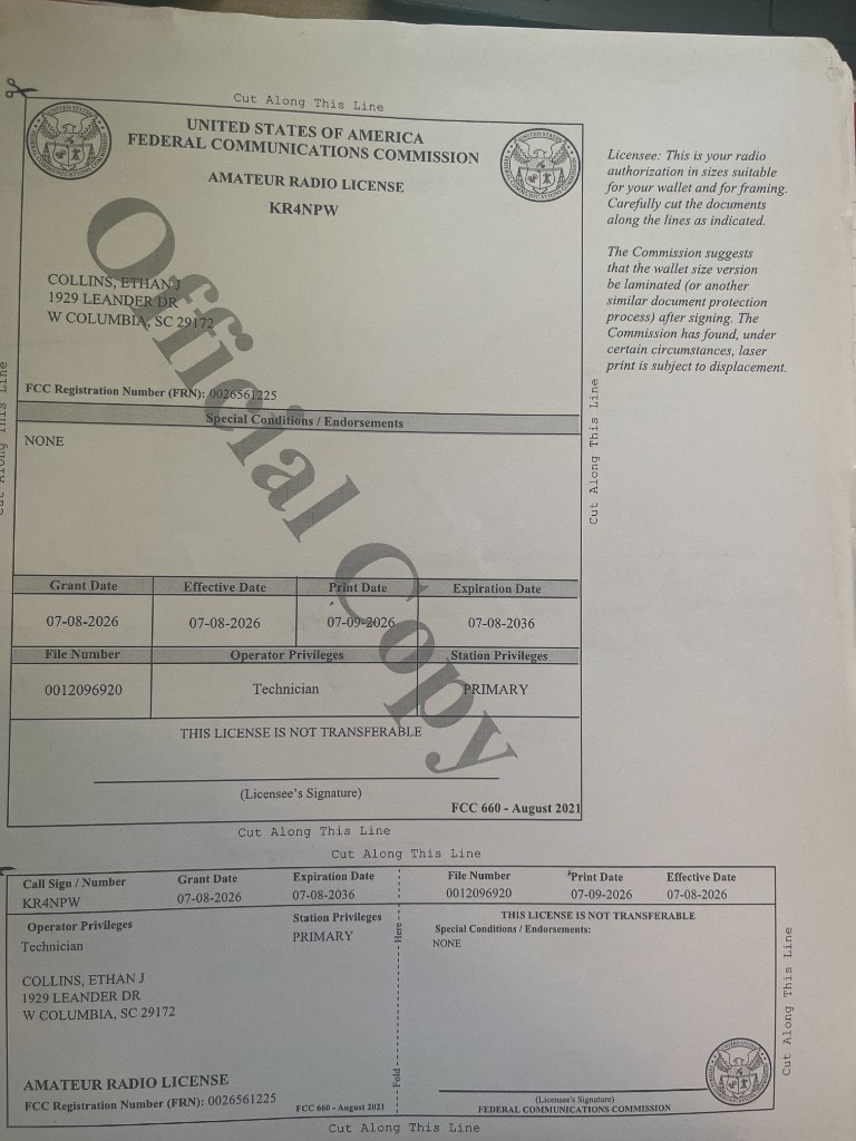 FCC Amateur Radio License KR4NPW Technician class